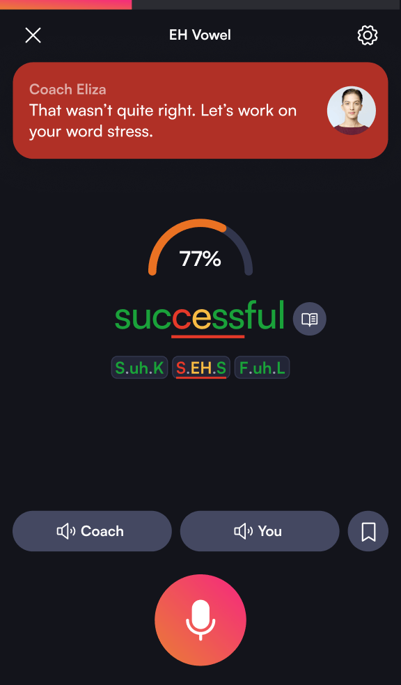 BoldVoice app where Coach Eliza flags the word stress in “successful” and scores each sound